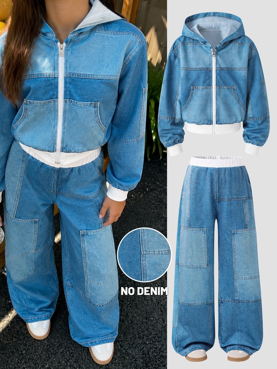Tween Girls Autumn Clothes Back To School Holiday Sky Blue Denim Effect All Over Print Zip Hooded Elastic Waist Wide Leg 2Pcs Set Fall Cow Boy - Multicolor - View 1
