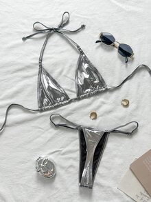 SHEIN Swim 女士纯色露背比基尼套装，金属丁字裤两件套比基尼套装泳装泳衣海滩装音乐节暑假，夏季海滩 - 灰色 - 查看 6