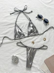 SHEIN Swim 女士纯色露背比基尼套装，金属丁字裤两件套比基尼套装泳装泳衣海滩装音乐节暑假，夏季海滩 - 灰色 - 查看 3