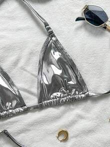 SHEIN Swim 女士纯色露背比基尼套装，金属丁字裤两件套比基尼套装泳装泳衣海滩装音乐节暑假，夏季海滩 - 灰色 - 查看 4