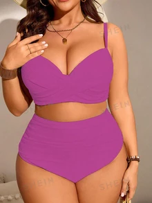 SHEIN Swim Curve 大码女式两件套纯色褶皱细肩带比基尼泳衣套装，度假装 - 紫色 - 查看 6