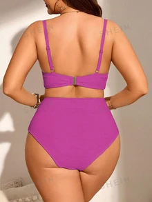 SHEIN Swim Curve 大码女式两件套纯色褶皱细肩带比基尼泳衣套装，度假装 - 紫色 - 查看 3