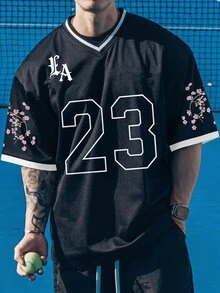 Gym Rark Men's Letter & Number Print Hollow Out Sports T-Shirt, Football, Gym, Holiday - Black - View 1