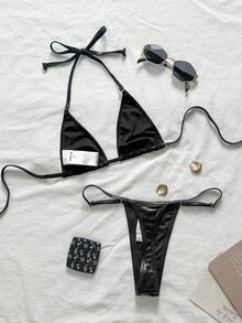 Swim EVENT Women's Solid Color Halter Neck Tie Bikini Set For Summer Beach, Two-Piece Metallic Bathing Suits - Black - View 2