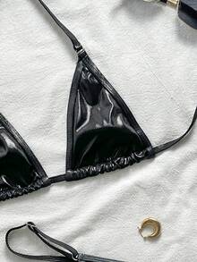 Swim EVENT Women's Solid Color Halter Neck Tie Bikini Set For Summer Beach, Two-Piece Metallic Bathing Suits - Black - View 4