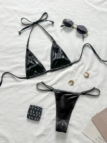 Swim EVENT Women's Solid Color Halter Neck Tie Bikini Set For Summer Beach, Two-Piece Metallic Bathing Suits - Black - View 6