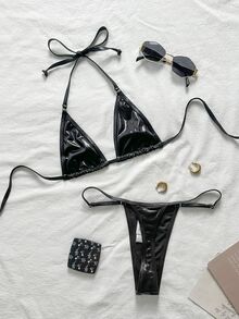 Swim EVENT Women's Solid Color Halter Neck Tie Bikini Set For Summer Beach, Two-Piece Metallic Bathing Suits - Black - View 5
