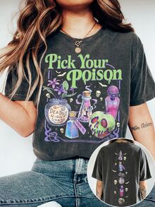 EMERY ROSE 女款休閒短袖T恤「Witchcraft Poison」字母圖案印花，標準版型圓領上衣，適合四季穿著，萬聖節風格 - 深灰色 - 查看 1