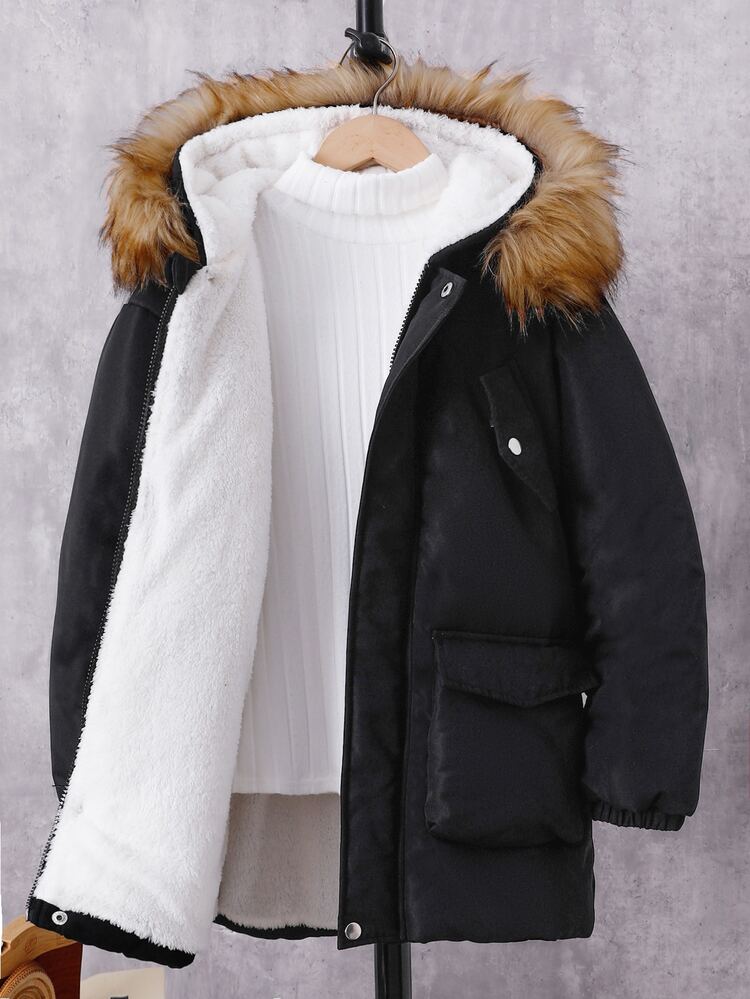 SHEIN 青少年男孩毛絨連帽拉鍊休閒百搭冬季加厚外套 - 黑色 - 查看 6