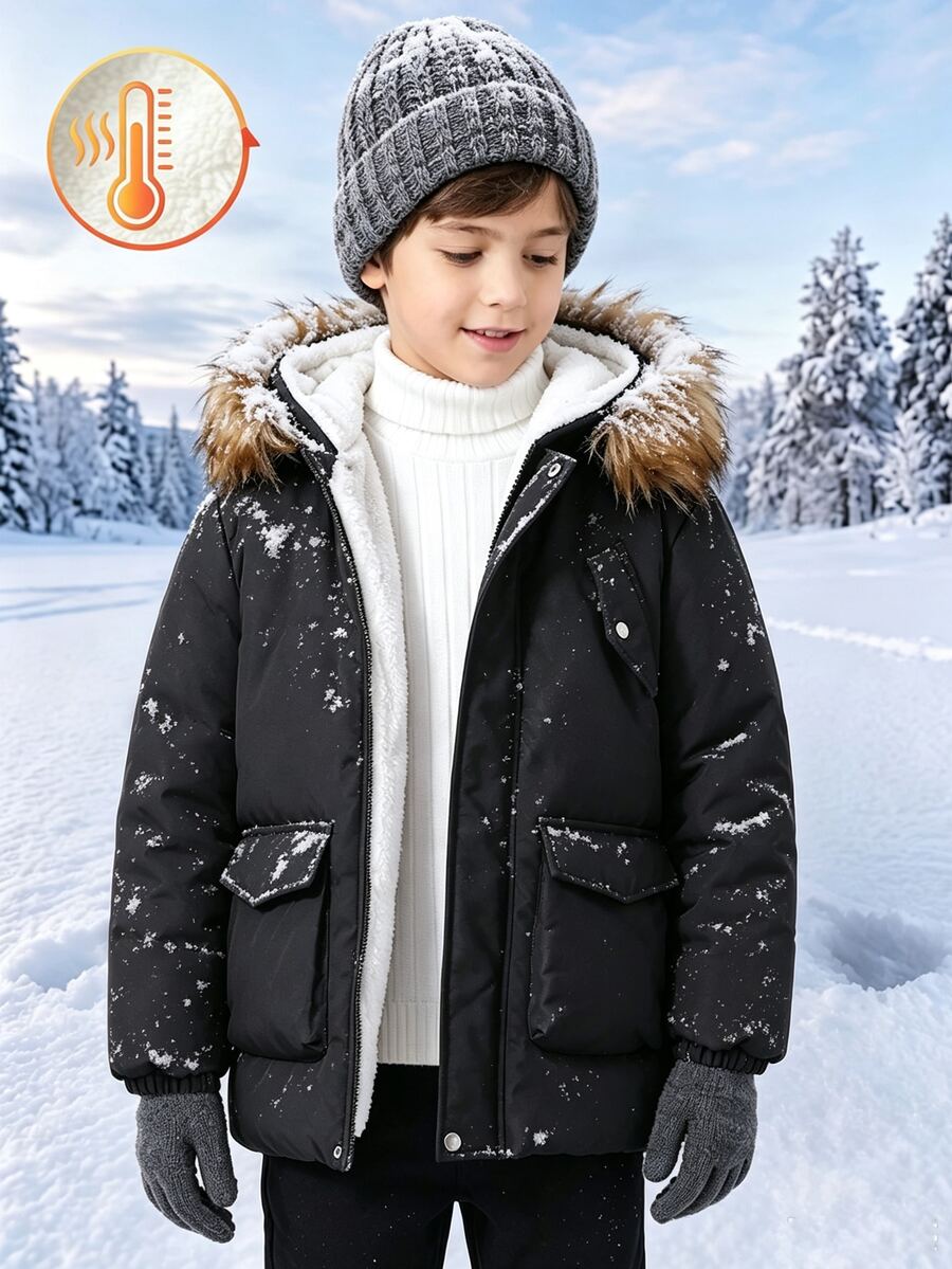 SHEIN Tween Boy Plush Hooded Zip-Up Casual Versatile Winter Padded Coat