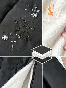 SHEIN Tween Boy Plush Hooded Zip-Up Casual Versatile Winter Padded Coat - Black - View 4