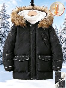 SHEIN Tween Boy Plush Hooded Zip-Up Casual Versatile Winter Padded Coat - Black - View 5