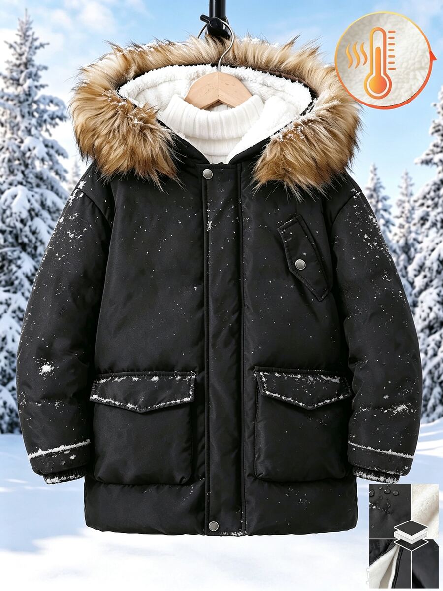 SHEIN Tween Boy Plush Hooded Zip-Up Casual Versatile Winter Padded Coat