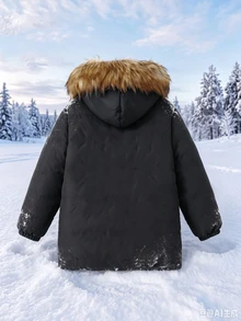 SHEIN Tween Boy Plush Hooded Zip-Up Casual Versatile Winter Padded Coat - Black - View 3