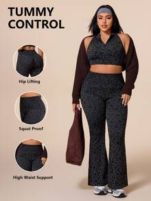 Rhythm Era Women's Plus Size Leopard Print Cropped Top And High Waist Leggings Sports Set - Dark Grey - View 1