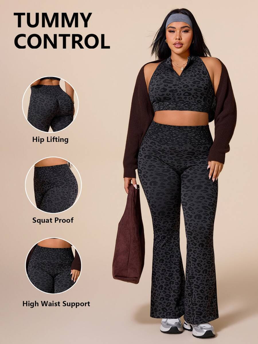 Rhythm Era Women's Plus Size Leopard Print Cropped Top And High Waist Leggings Sports Set - Dark Grey - View 1