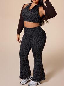 Rhythm Era Women's Plus Size Leopard Print Cropped Top And High Waist Leggings Sports Set - Dark Grey - View 6