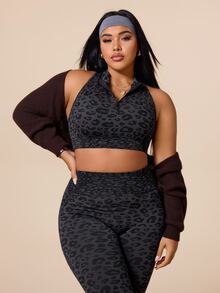 Rhythm Era Women's Plus Size Leopard Print Cropped Top And High Waist Leggings Sports Set - Dark Grey - View 7