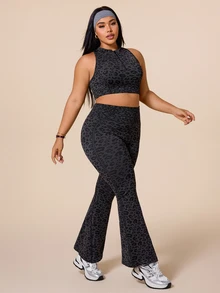 Rhythm Era Women's Plus Size Leopard Print Cropped Top And High Waist Leggings Sports Set - Dark Grey - View 4