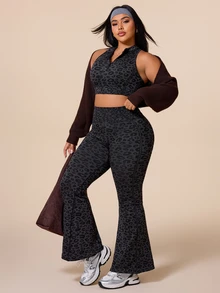 Rhythm Era Women's Plus Size Leopard Print Cropped Top And High Waist Leggings Sports Set - Dark Grey - View 5