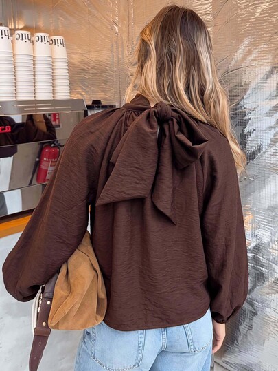 Vivid Eden Dark Brown Mock Neck Split Sleeve Blouse For Office Date Night Brunch Commute,Fall Clothes,Daily Commute,Elegant Blouses,Work Outfits,Concert Outfit