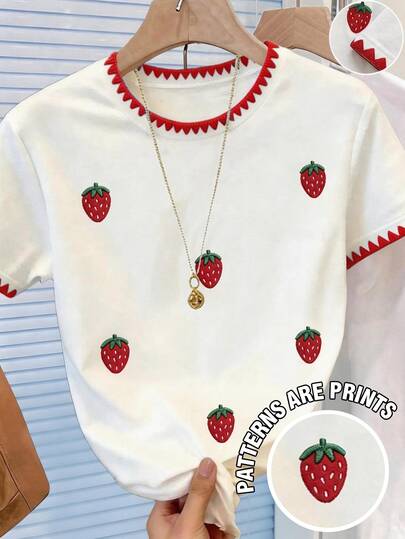 Camiseta de manga corta con bordado de fresa blanca y roja linda para niñas preadolescentes, top de verano para la vuelta a la escuela y salidas diarias, casual