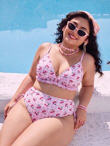 Swim Mod Plus Size Women 2 Pcs Swimwear Set, Sweet Cute Pink Cherry Print Tie Front Ruffled Hem Kawaii Vacation Outfits Woman For White Summer Beach Holiday - Pink - View 5