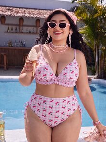 Swim Mod Plus Size Women 2 Pcs Swimwear Set, Sweet Cute Pink Cherry Print Tie Front Ruffled Hem Kawaii Vacation Outfits Woman For White Summer Beach Holiday - Pink - View 4