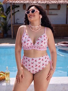 Swim Mod Plus Size Women 2 Pcs Swimwear Set, Sweet Cute Pink Cherry Print Tie Front Ruffled Hem Kawaii Vacation Outfits Woman For White Summer Beach Holiday - Pink - View 6