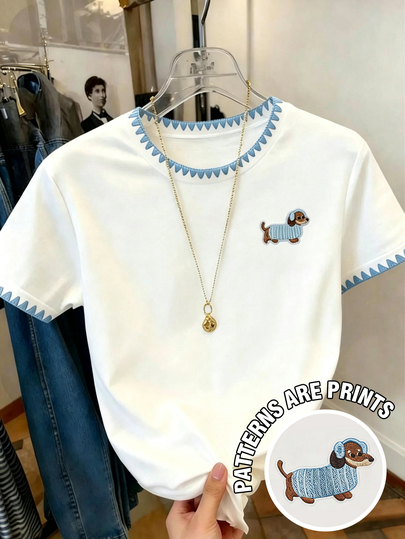 Tween Girls White Short Sleeve T-Shirt With Blue Triangle Trim,Dachshund Embroidery Design,Blue White Striped,Summer,Casual