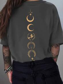SHEIN LUNE Halloween Witch Girl Print Crew Neck Short-Sleeved T-Shirt - Dark Grey - View 2