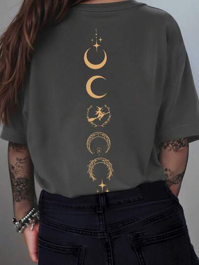SHEIN LUNE Cadılar Bayramı Cadı Kız Baskılı Bisiklet Yaka Kısa Kollu Tişört