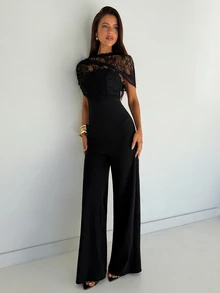 Aloruh Women's Lace Patchwork Casual Daily Wear Jumpsuit - Black - View 7