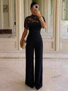Aloruh Women's Lace Patchwork Casual Daily Wear Jumpsuit - Black - View 2