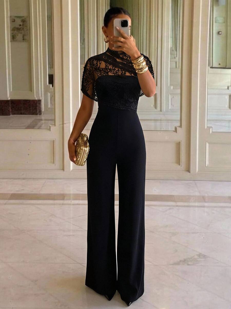 Aloruh Women's Lace Patchwork Casual Daily Wear Jumpsuit