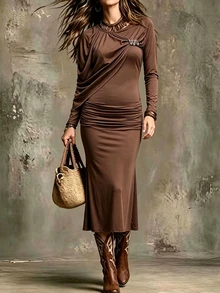 Omancia Women's Shawl Metal Decor Side Ruched Maxi Dress - Coffee - View 1