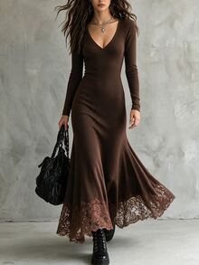 SHEIN فستان نسائي ربيعي/خريفي بني محبوك مضلع بياقة على شكل حرف V وأكمام طويلة بقصة ضيقة وخصر مشدود وذيل حورية البحر مع تطريز دانتيل على الحافة - بني - مشاهدة 9