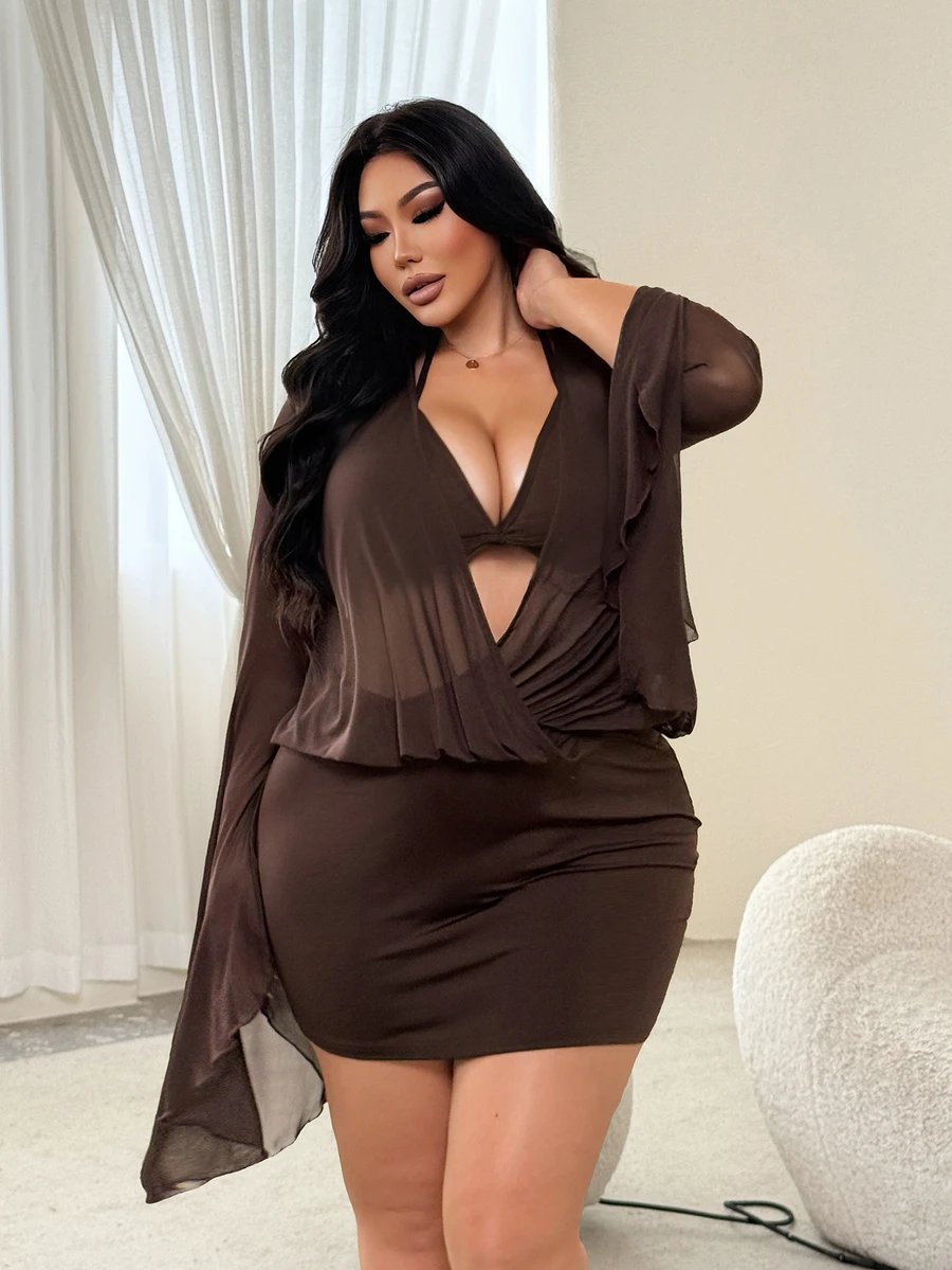 NU&NOW Plus Size Women's Solid Color V-Neck Wrap Sexy Date Dress - Brown - View 1