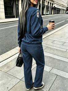 Rovax Women's Streetwear Distressed Long Sleeve Crew Neck Sweatshirt & Pocket Long Pant - Multicolor - View 2