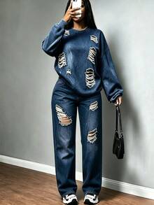 Rovax Women's Streetwear Distressed Long Sleeve Crew Neck Sweatshirt & Pocket Long Pant - Multicolor - View 4