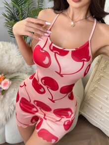 SweetSlumber INS 风格女士樱桃印花吊带连体睡衣套装 - 彩色 - 查看 3