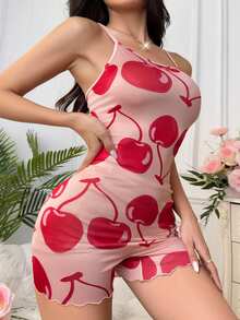 SweetSlumber INS 风格女士樱桃印花吊带连体睡衣套装 - 彩色 - 查看 5