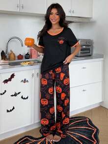 ZzzCrew Women's Fun Halloween Pattern Print Pajama Set - Black - View 6