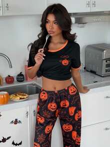 ZzzCrew Women's Fun Halloween Pattern Print Pajama Set - Black - View 7
