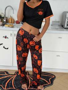 ZzzCrew Women's Fun Halloween Pattern Print Pajama Set - Black - View 4