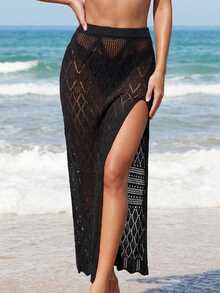 Swim Vcay Summer Beach Women's High Side Split Cover Up Skirt - Black - View 1