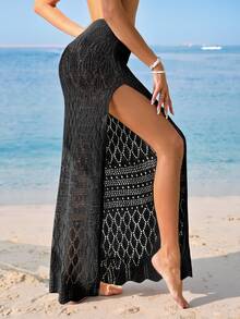 Swim Vcay Summer Beach Women's High Side Split Cover Up Skirt - Black - View 6