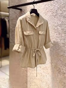 SHEIN Franclia Women's Casual Fashion Jacket With Turn-Down Collar And Cinched Waist - Khaki - View 3