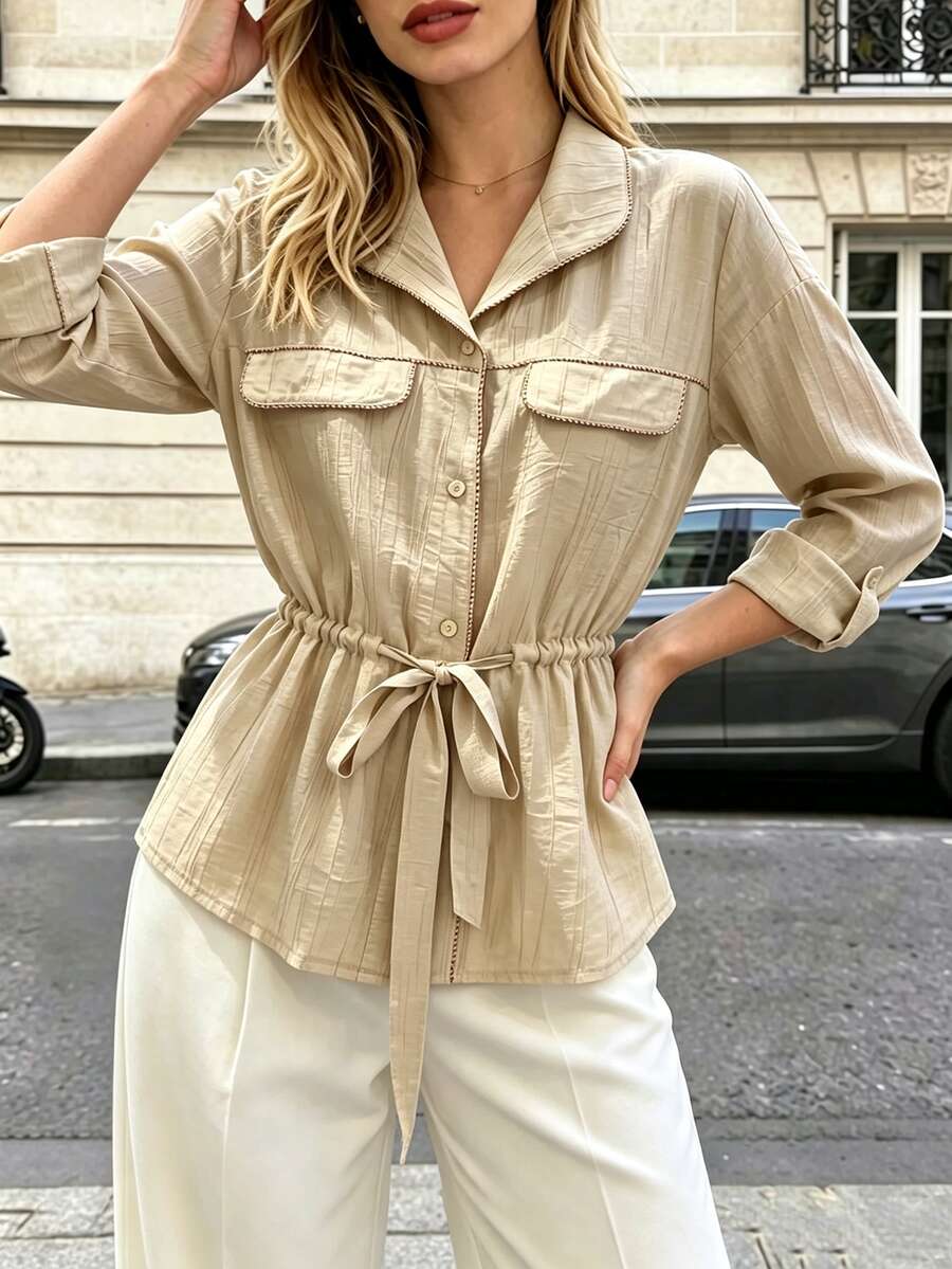 SHEIN Franclia Women's Casual Fashion Jacket With Turn-Down Collar And Cinched Waist - Khaki - View 1