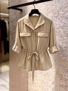 SHEIN Franclia Women's Casual Fashion Jacket With Turn-Down Collar And Cinched Waist - Khaki - View 4